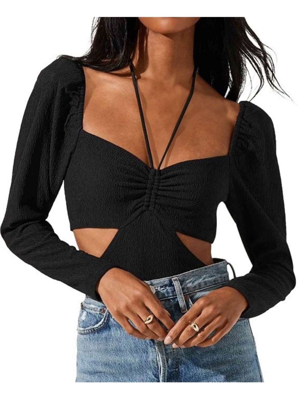 NWT ASTR the Label Dionne
Bodysuit in Black -Long-Sleeve Ruched Cutout